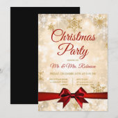 Weihnachts-Party Gold Winter Sparkone Rote Schleif Einladung (Vorne/Hinten)