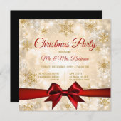 Weihnachts-Party Gold Winter Sparkone Rote Schleif Einladung (Vorne/Hinten)