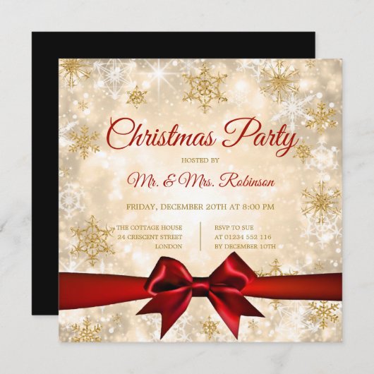 Weihnachts-Party Gold Winter Sparkone Rote Schleif Einladung (Vorne/Hinten)
