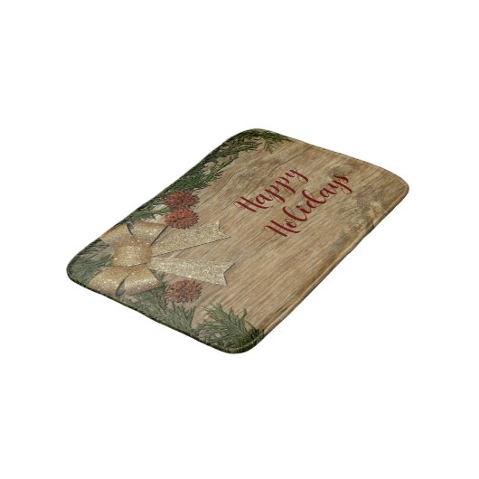 Weihnachts-Party Golden Green Blätter Rot Rustikal Badematte (Schrägansicht)