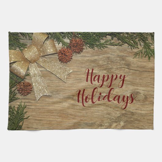 Weihnachts-Party Golden Green Blätter Rot Rustikal Geschirrtuch (Horizontal)