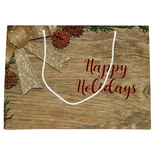 Weihnachts-Party Golden Green Blätter Rot Rustikal Große Geschenktüte (Vorderseite)