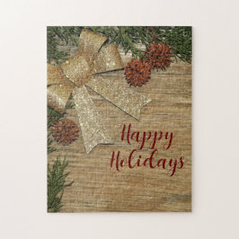 Weihnachts-Party Golden Green Blätter Rot Rustikal Puzzle