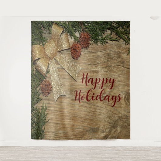 Weihnachts-Party Golden Green Blätter Rot Rustikal Wandteppich (Vorderseite)