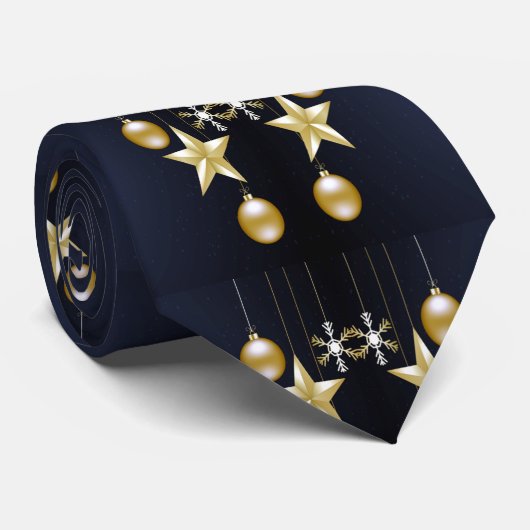 Weihnachts-Party Golden Ornaments Navy Blue Krawatte (Gerollt)