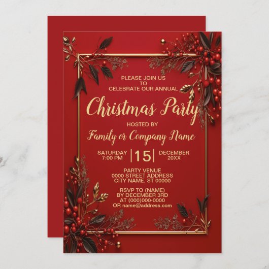 Weihnachts-Party Golden Red Blätter Urlaub Einladung (Vorne/Hinten)