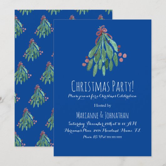 Weihnachts Party Hand Wasserfarben Tree und Bow Bl Einladung (Vorne/Hinten)
