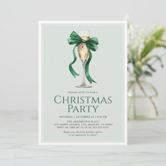 Weihnachts-Party Holiday Cocktail Grün Bow Moderne Einladung (Stehend Vorderseite)