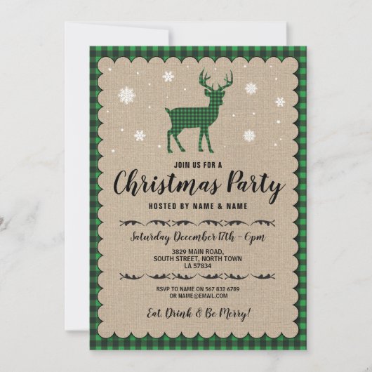 Weihnachts Party Holiday Deer Snowflake Grüner Kar Einladung (Vorderseite)