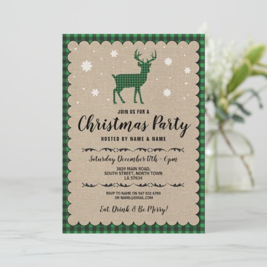 Weihnachts Party Holiday Deer Snowflake Grüner Kar Einladung (Stehend Vorderseite)