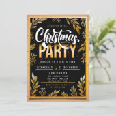 Weihnachts-Party in Schwarz und Gold Einladung (Stehend Vorderseite)