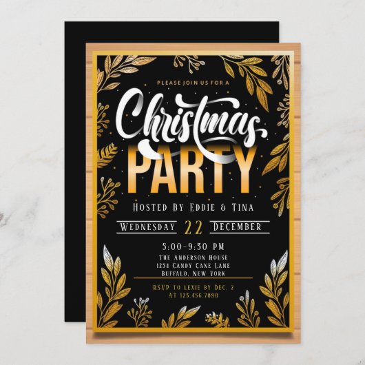 Weihnachts-Party in Schwarz und Gold Einladung (Vorne/Hinten)