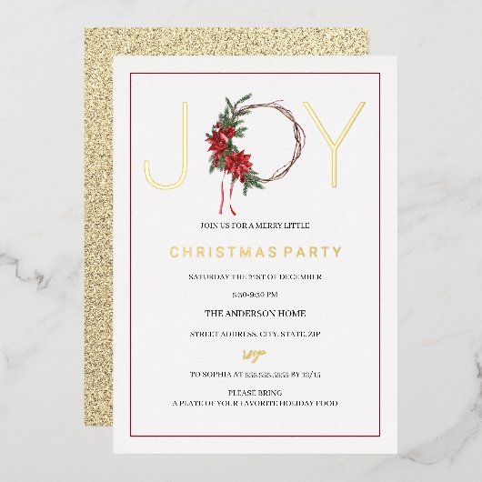 Weihnachts-Party Joy Red Foliage Wreath Folieneinladung (Vorderseite/Rückseite)
