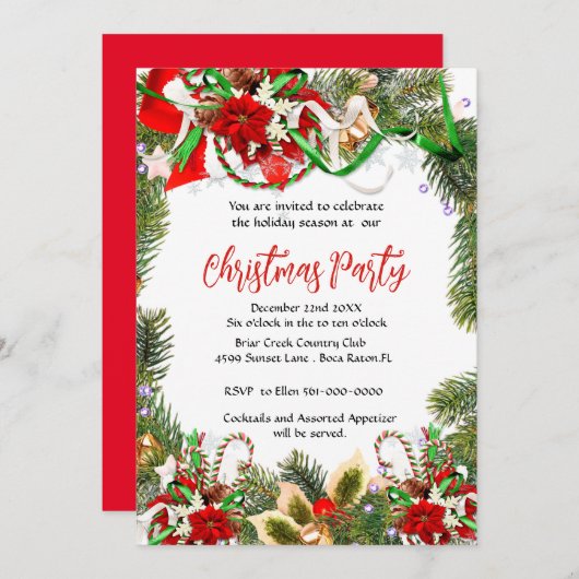 Weihnachts-Party Kranz mit Poinsettia Einladung (Vorne/Hinten)