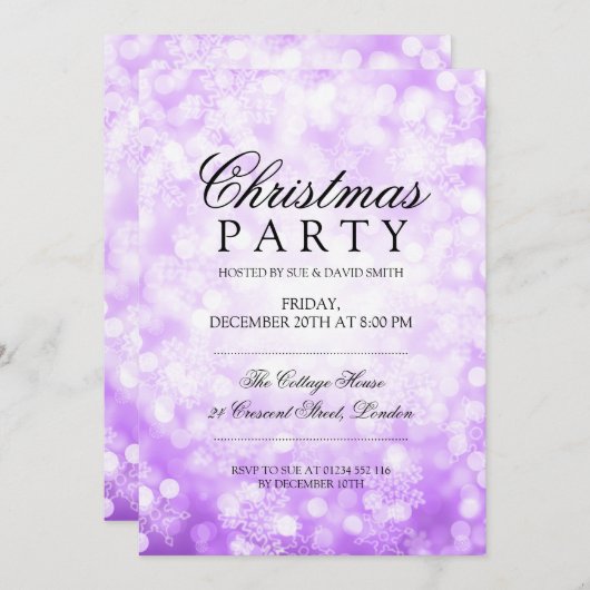 Weihnachts-Party Lila Sparkling Snowflake Lights Einladung (Vorne/Hinten)