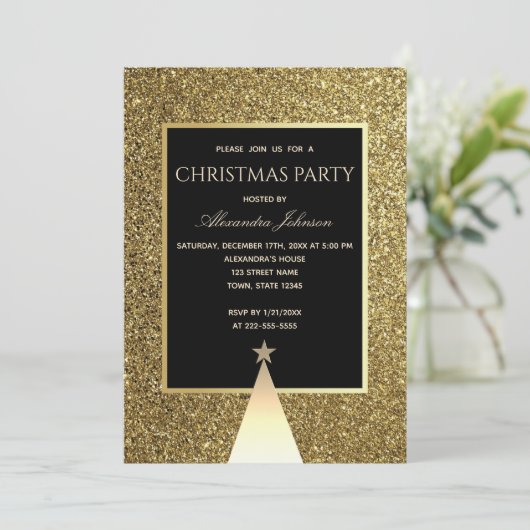 Weihnachts-Party Luxus Black and Gold Glitzer Einladung (Stehend Vorderseite)