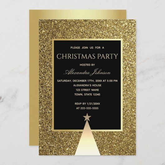 Weihnachts-Party Luxus Black and Gold Glitzer Einladung (Vorne/Hinten)