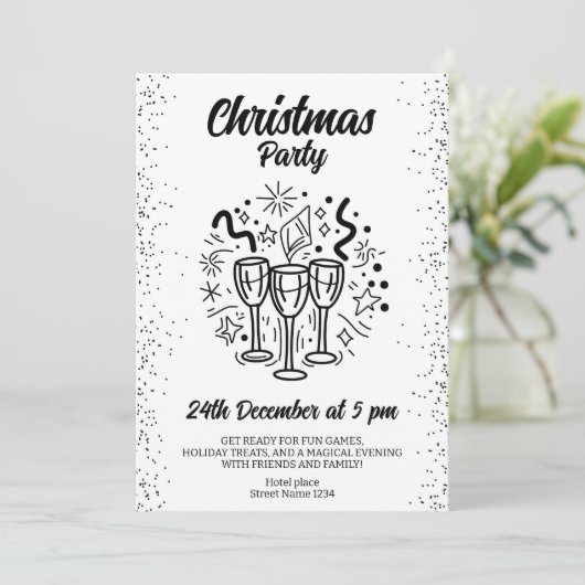 Weihnachts-Party mit Champagnerbrille Einladung (Stehend Vorderseite)