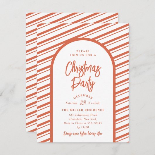 Weihnachts-Party Modern Arch Bright Red Candy Cane Einladung (Vorne/Hinten)