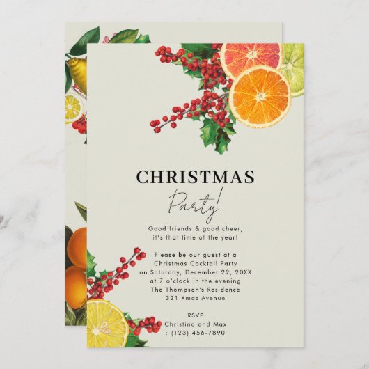 Weihnachts Party Pines & Citrus Winter Botanisch Einladung (Vorne/Hinten)