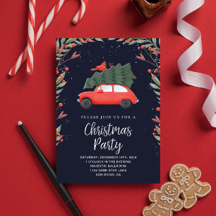 Weihnachts-Party Red Car & Green Pine Snowy Einladung