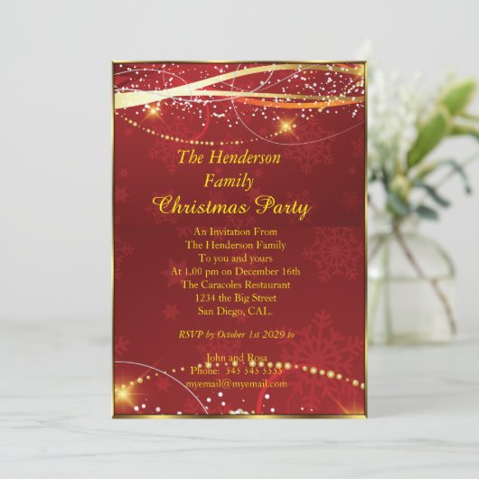 Weihnachts-Party Red Gold Einladung (Stehend Vorderseite)