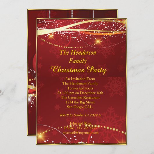Weihnachts-Party Red Gold Einladung (Vorne/Hinten)