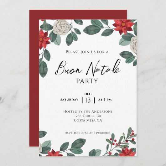 Weihnachts-Party Red Green Floral Einladung (Vorne/Hinten)