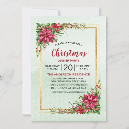Weihnachts-Party Red Poinsettia Blumengoldrahmen (Vorderseite)
