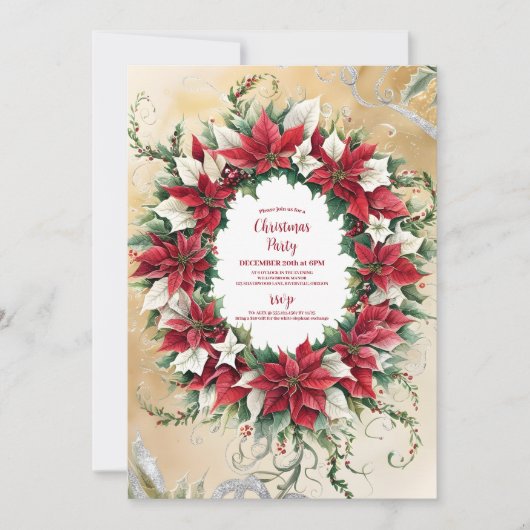 Weihnachts-Party Red Poinsettia Floral Gold Glitze Einladung (Vorderseite)