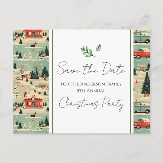 Weihnachts-Party Retro Save the Date Postkarte (Vorderseite)