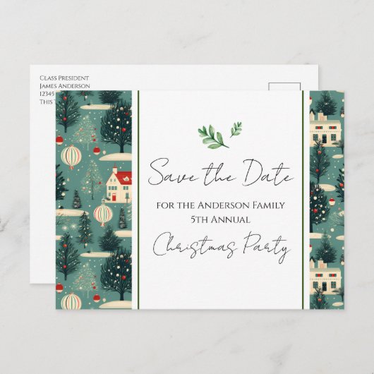 Weihnachts-Party Retro Village Save the Date Postkarte (Vorne/Hinten)