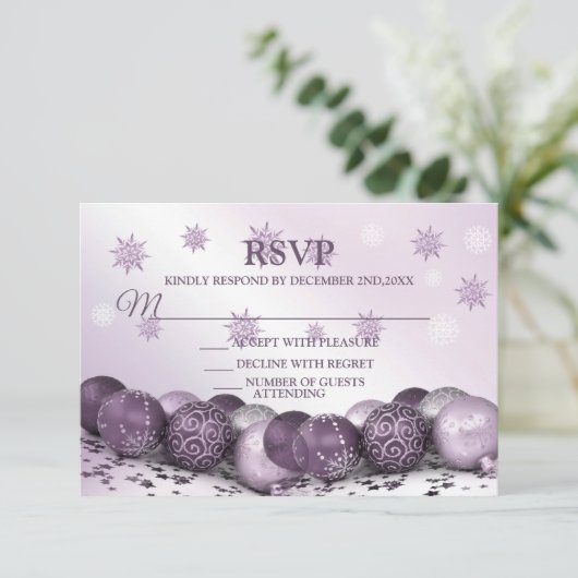 Weihnachts-Party Rosa Lila Ornamente Schneeflocken RSVP Karte (Stehend Vorderseite)