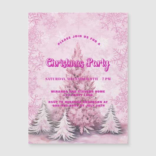Weihnachts-Party rosa Schneeflocken Luxus Magneteinladung (Vorderseite)