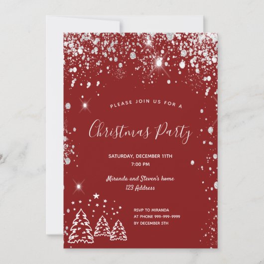 Weihnachts-Party Rot-Silber-Glitzer Einladung (Vorderseite)