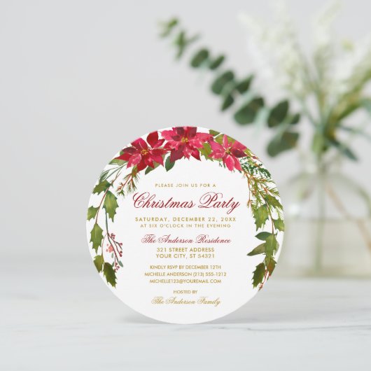 Weihnachts-Party Rote Flora Poinsettia Runde Einladung (Stehend Vorderseite)