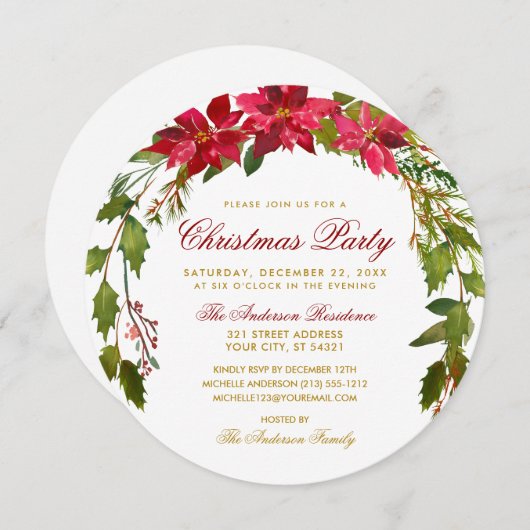 Weihnachts-Party Rote Flora Poinsettia Runde Einladung (Vorne/Hinten)
