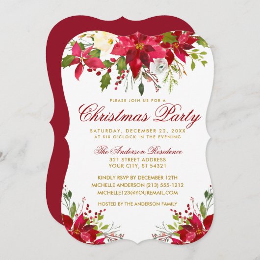 Weihnachts-Party Rote Wasserfarbe Blumenpoinsettia Einladung (Vorne/Hinten)