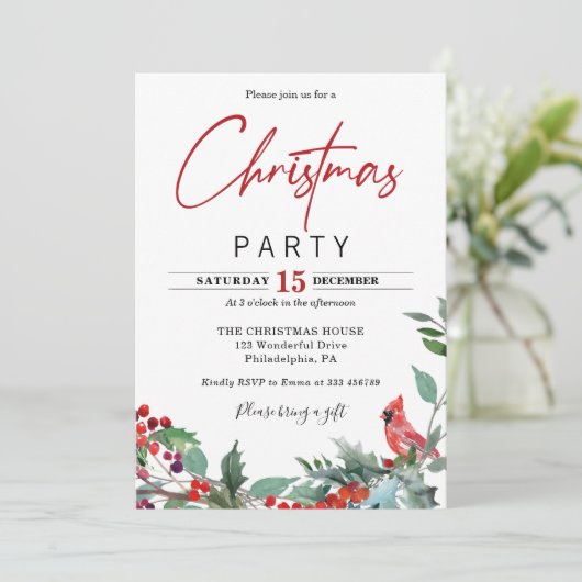 Weihnachts-Party Roter Kardinal Einladung (Stehend Vorderseite)