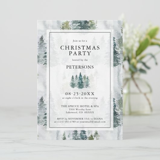 Weihnachts-Party Rustikale Pinienbäume Tief Grün Einladung (Stehend Vorderseite)