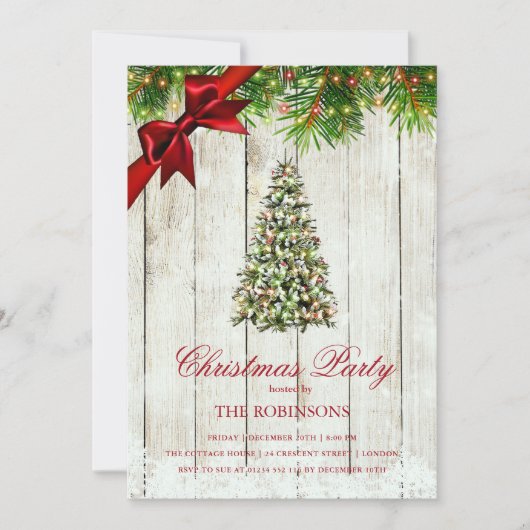 Weihnachts-Party | Rustikaler Baum und Roter Band Einladung (Vorderseite)