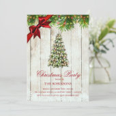 Weihnachts-Party | Rustikaler Baum und Roter Band Einladung (Stehend Vorderseite)
