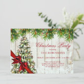Weihnachts-Party | Rustikaler Baum und Roter Band Einladung (Stehend Vorderseite)