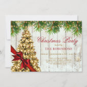 Weihnachts-Party | Rustikaler Goldbaum und Roter B Einladung (Vorderseite)