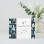 Weihnachts-Party Sailboat Save the Date Postkarte (Stehend Vorderseite)