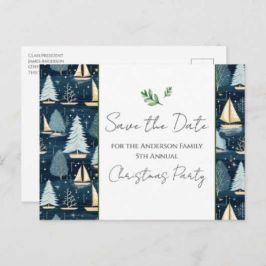 Weihnachts-Party Sailboat Save the Date Postkarte (Vorne/Hinten)