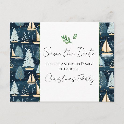 Weihnachts-Party Sailboat Save the Date Postkarte (Vorderseite)