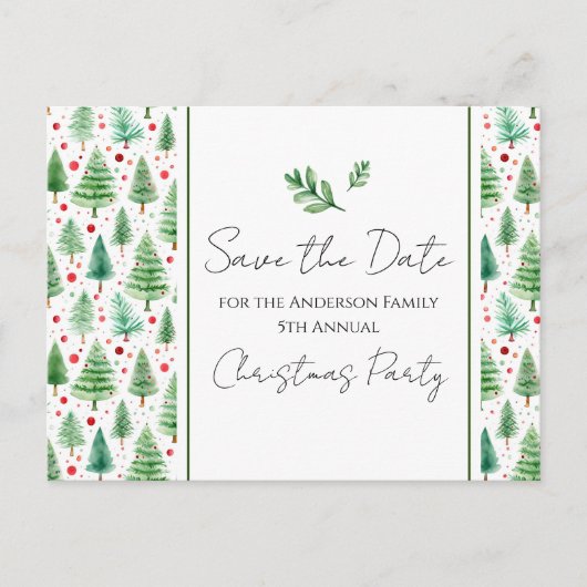 Weihnachts-Party Save the Date Baum Postkarte (Vorderseite)