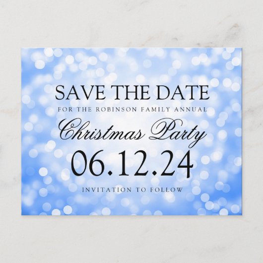 Weihnachts-Party Save the Date Blue Glitzer Lights Ankündigungspostkarte (Vorderseite)