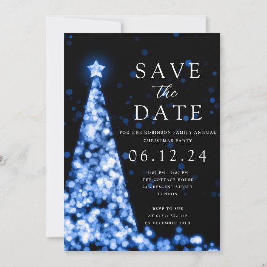Weihnachts-Party Save the Date Blue Tree Glam Einladung (Vorderseite)
